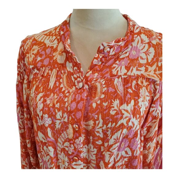 RACHEL ZOE SZ XL Salmon, Pink & Cream Flowy Long-sleeve Button up Rayon Top - Picture 3 of 9